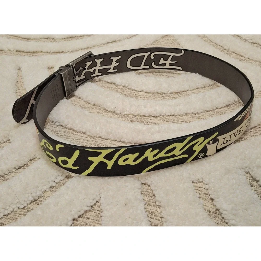 ED HARDY - MEN'S REVERSIBLE BLACK GRAPHIC BELT SPEED KILLS SIZE 32